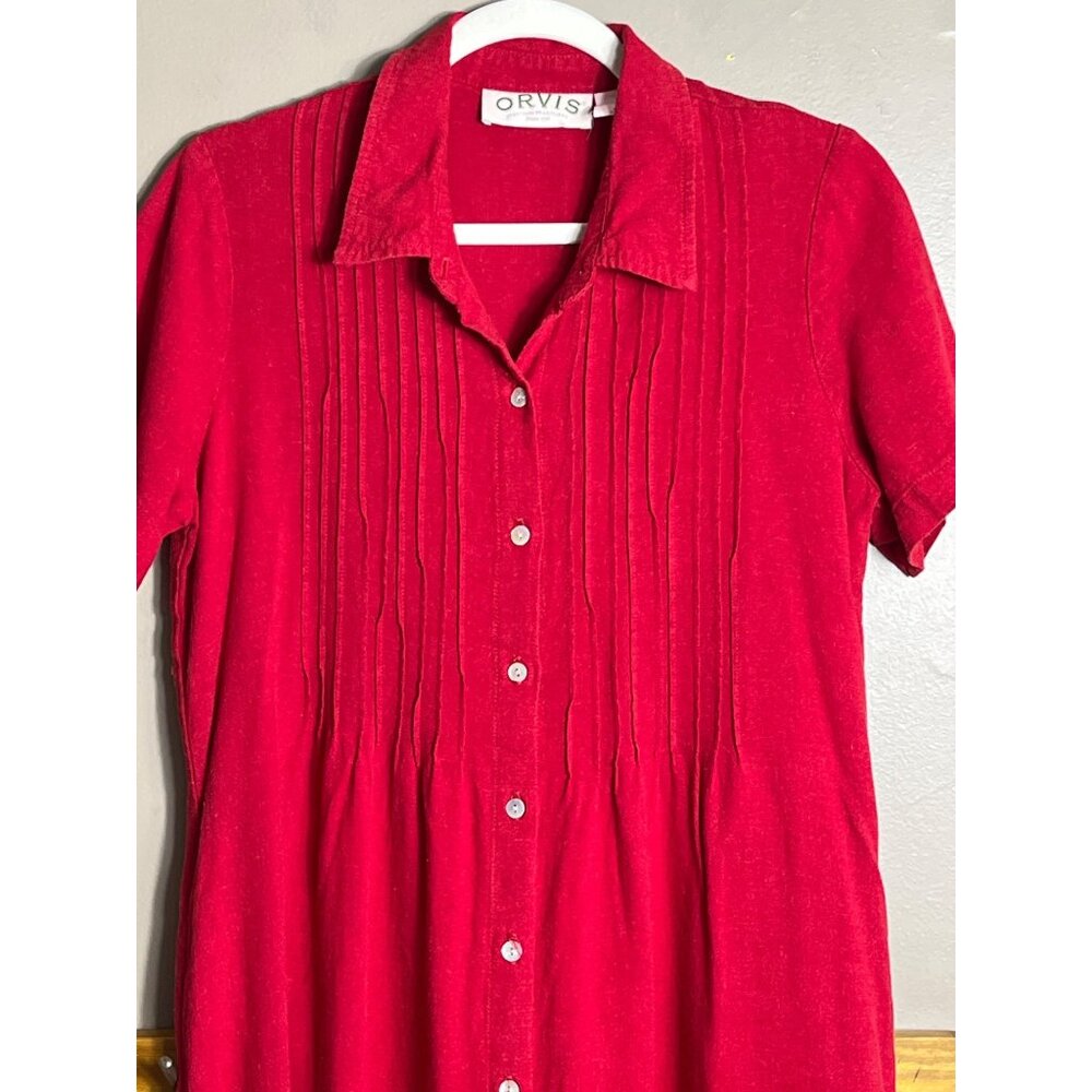 Vtg Orvis Linen Blend Dress Red Button Up Midi Pockets 90s Classic Preppy Wom 12 - Picture 10 of 11
